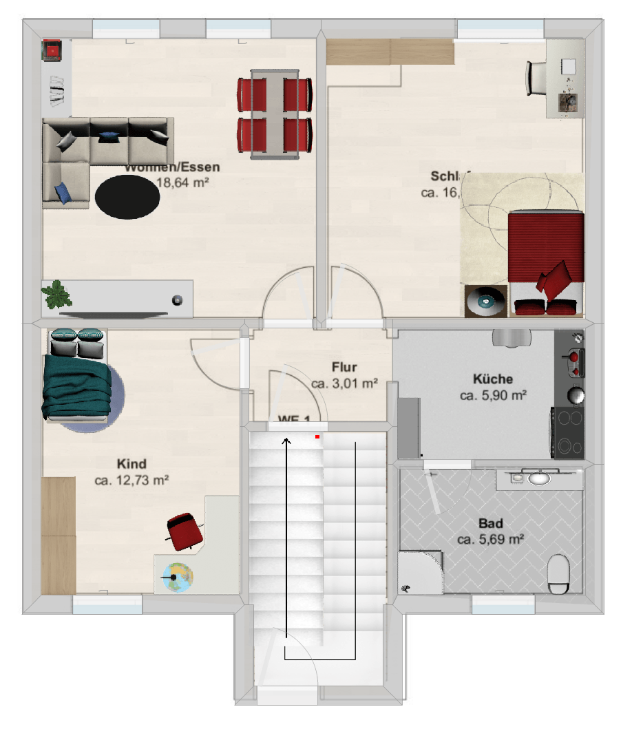 7020_MFH_Grundrisse_M�bliert_Etage1, nicht Ma�stabsgetreu Mehrfamilienhaus M�hlheim am Main